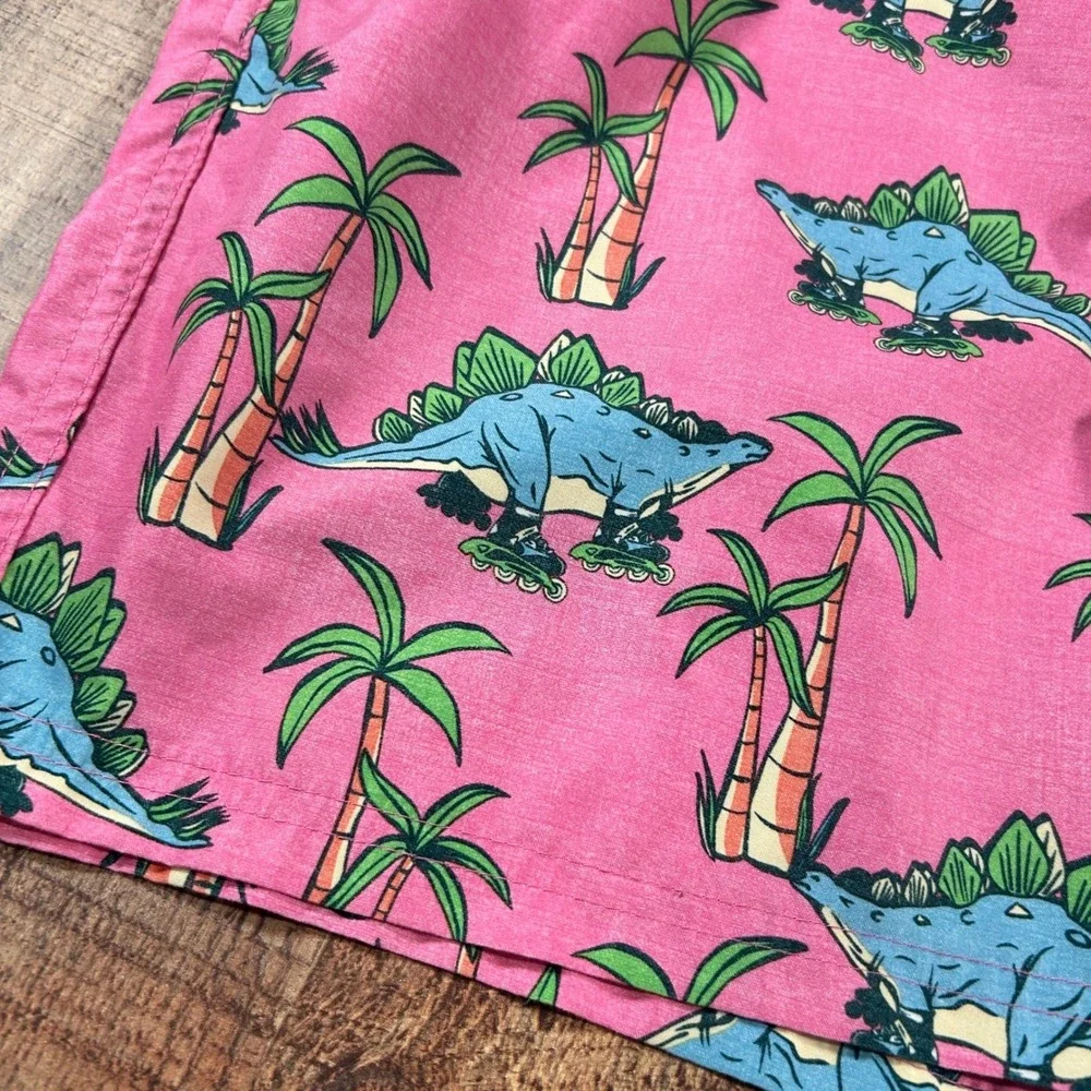 No Boundaries Pink Dinosaur Roller Skate Swim Trunks Quirky Large Shorts Funny